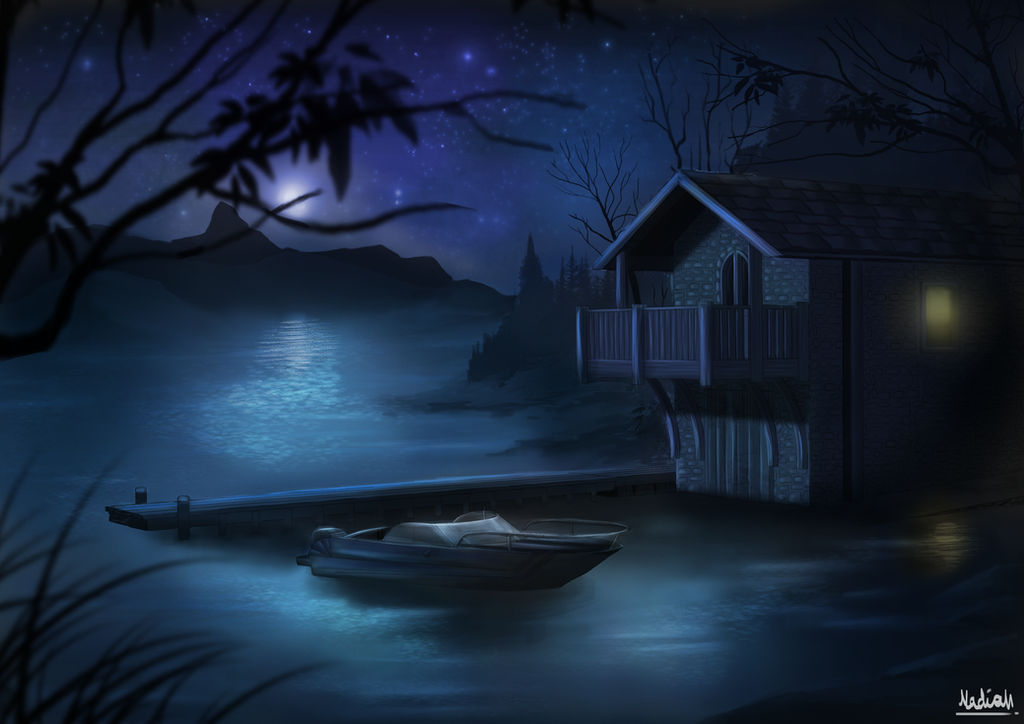 Digital Painting Practice: Lake House Night