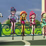 The mane 7 jumping on pogo sticks in a race