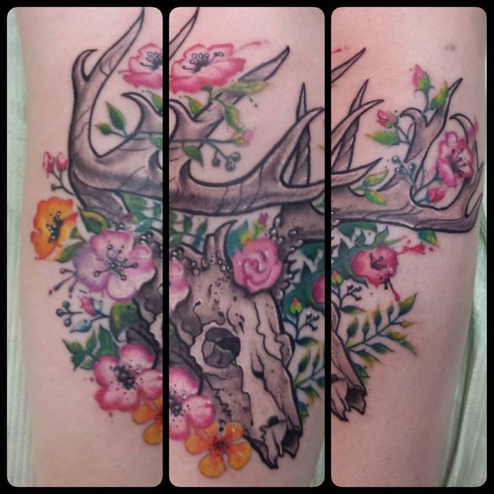 Deer Skull and Watercolor Flowers