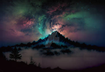 Cosmic Mist: Mountain Enshrouded in Nebulae