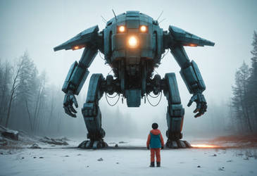 Snowfall Encounter: Child and the Mechanical Giant