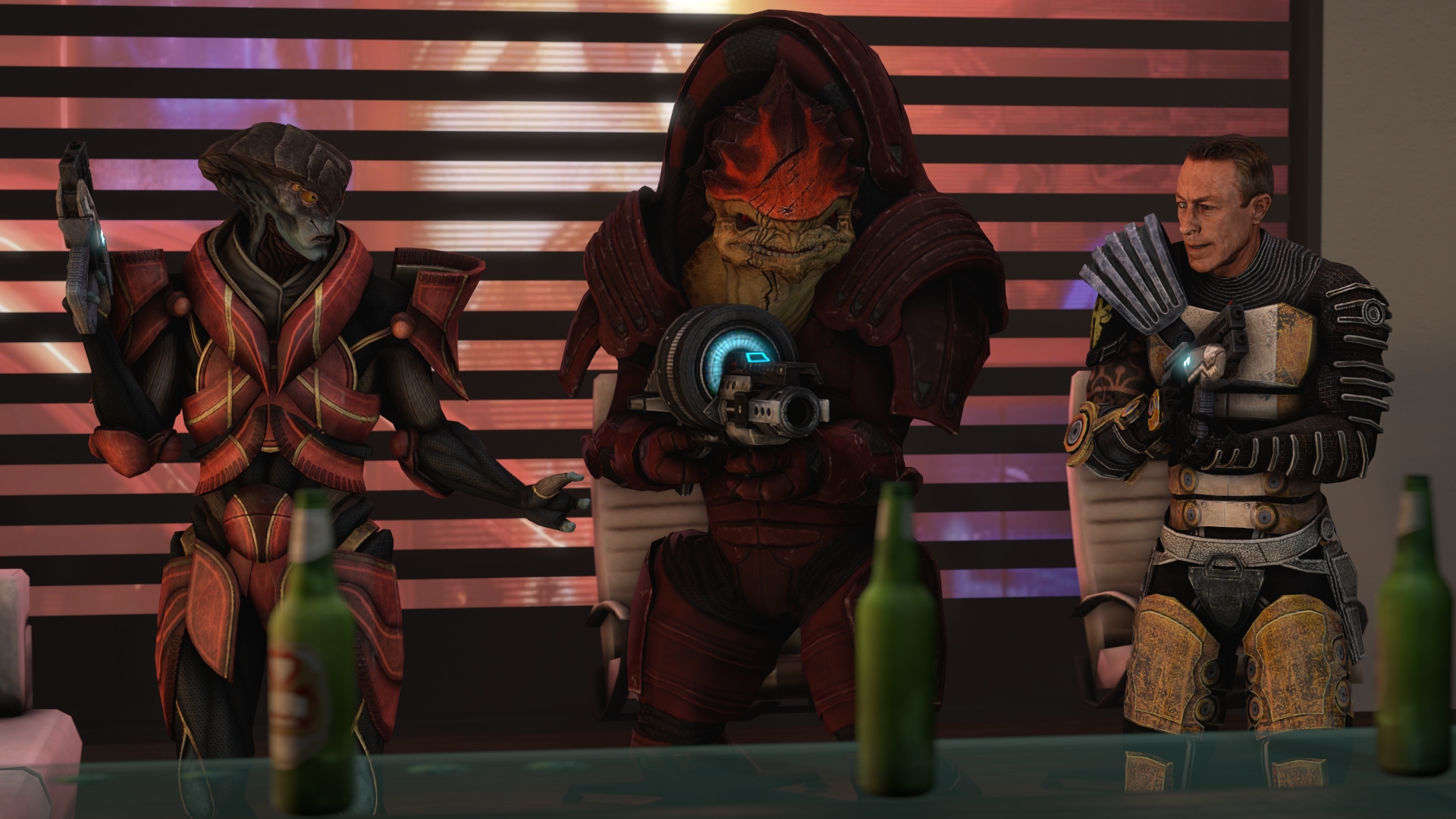 Javik, Wrex, Zaeed - Shooting bottles at the party