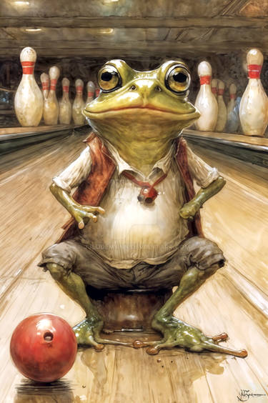 Whimsical Vintage Fantasy Frog at a Bowling Alley