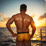 Powerhouse guy and sunset at sea