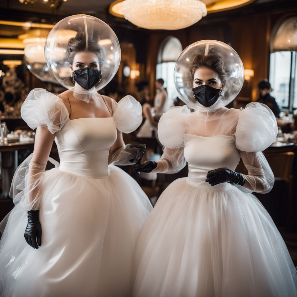Two women wearing transparent pvc voluminous crin by laserbill on ...