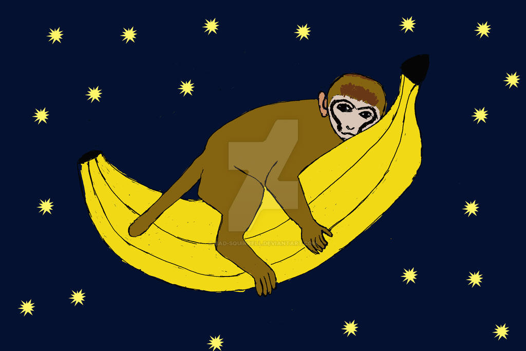 Baby monkey riding a banana through space