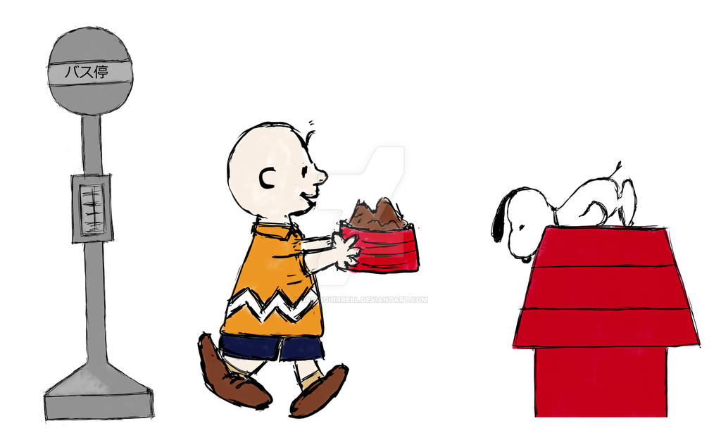 Charlie Brown and Snoopy at bus stop