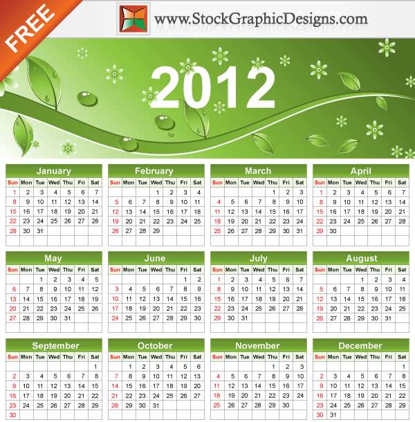 2012 Eco Green Free Vector Calendar