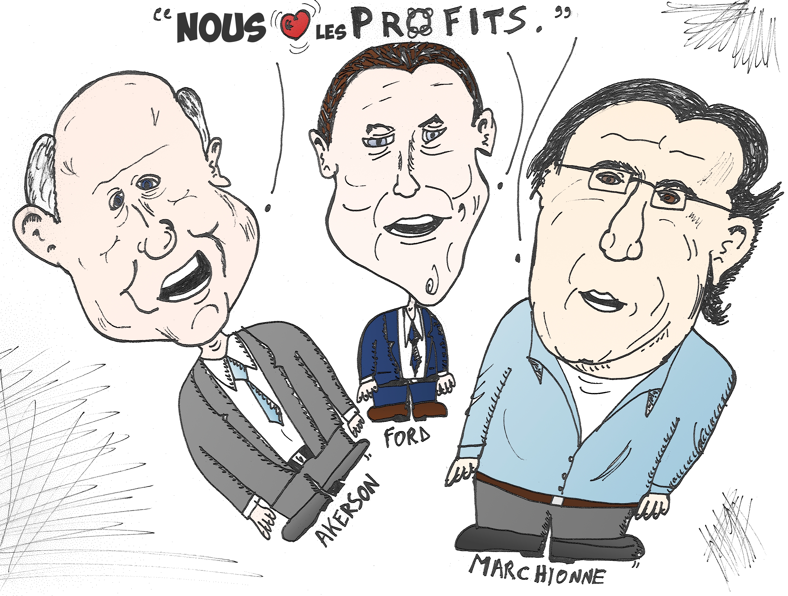 Caricature de Ford Marchionne et Akerman