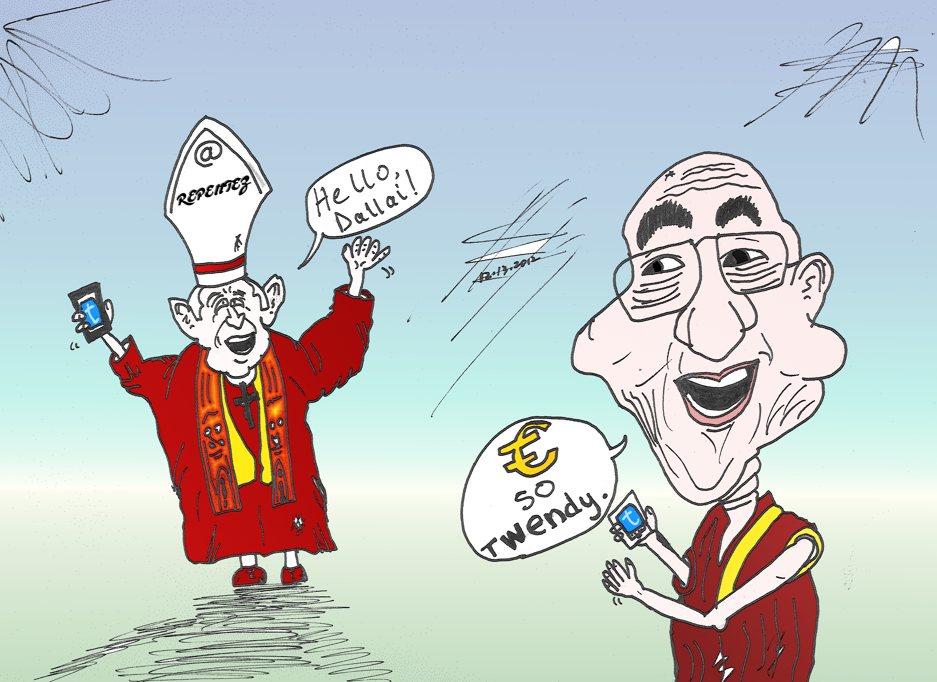 Caricature du Dalai Lama et le pape twitter