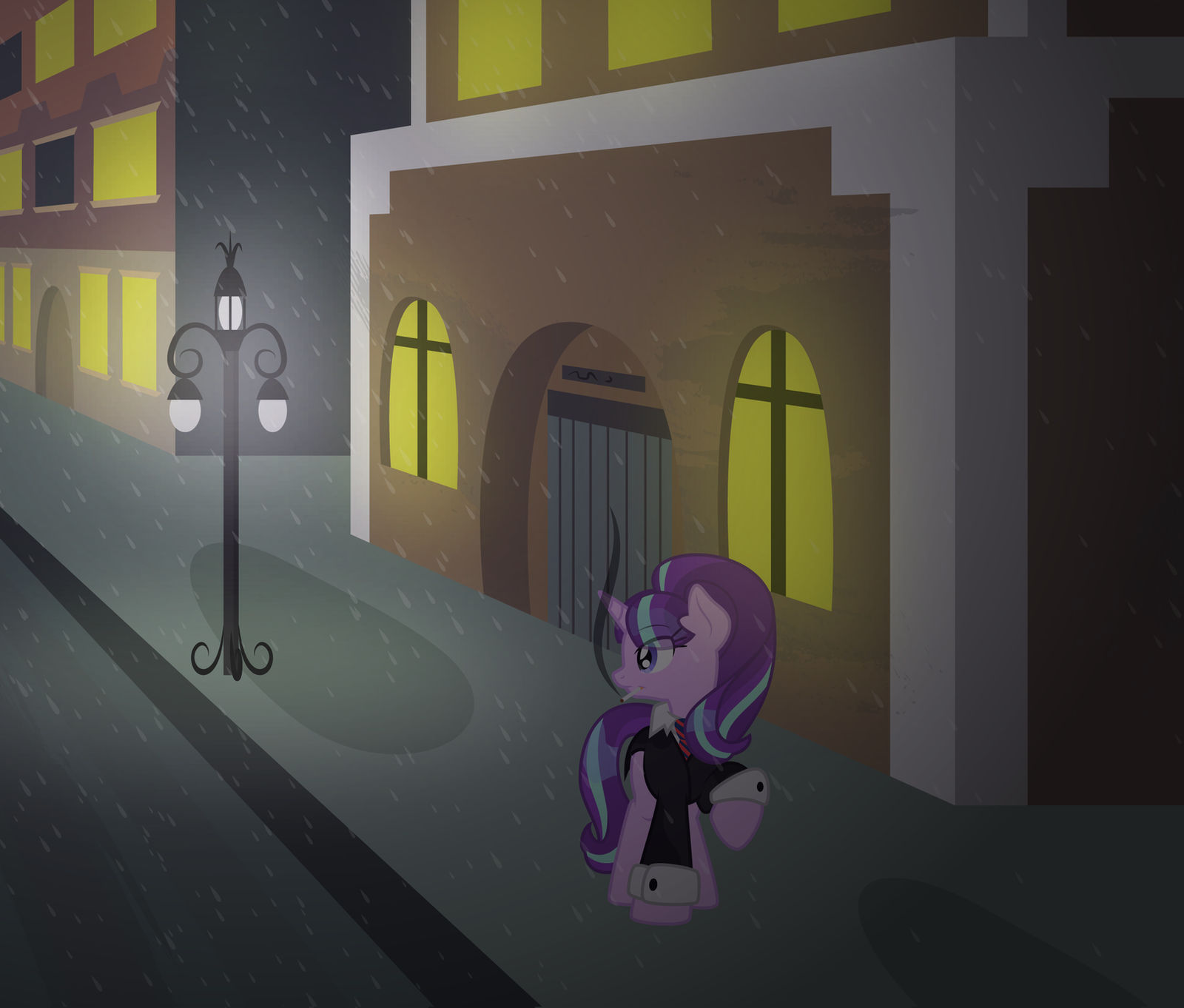 starlight smoking under the rain at night