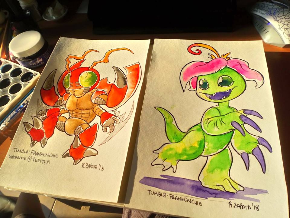 Tentomon and Palmon Watercolors by Silver-Ray