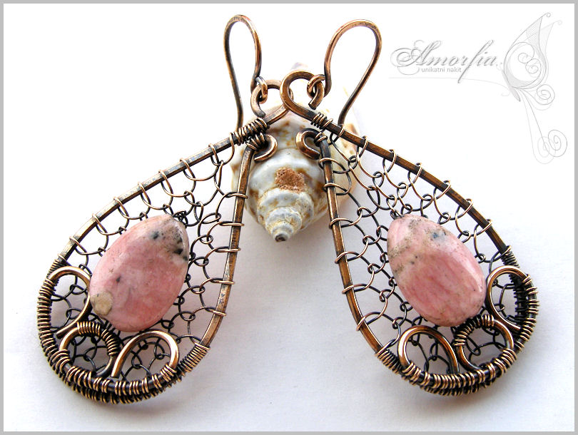 Rhodochrosite and bronze wire wrapped earirngs