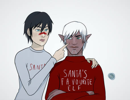 Marian and Fenris' ugly christmas sweaters