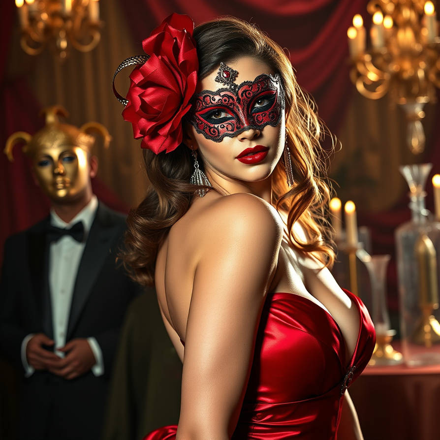 Stunning woman in ruby crimson latex dress, masque