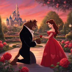 Disney Version, Beast Proposing Belle, Red Dress, 