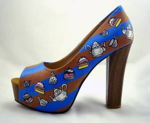 hand painted cake and tea platform peep toe heels