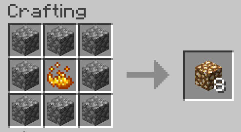 Eight cobblestone surrounding one blaze powder on the left. On the right is eight glowstone.