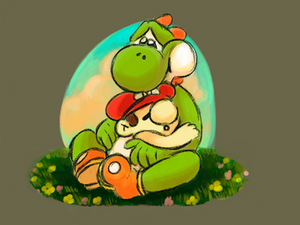 Yoshi holding baby Mario