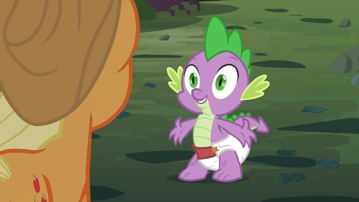 Spike shows Applejack his new Diaper