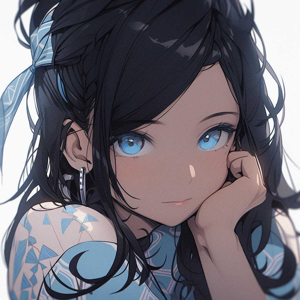 Black hair blue top eyes