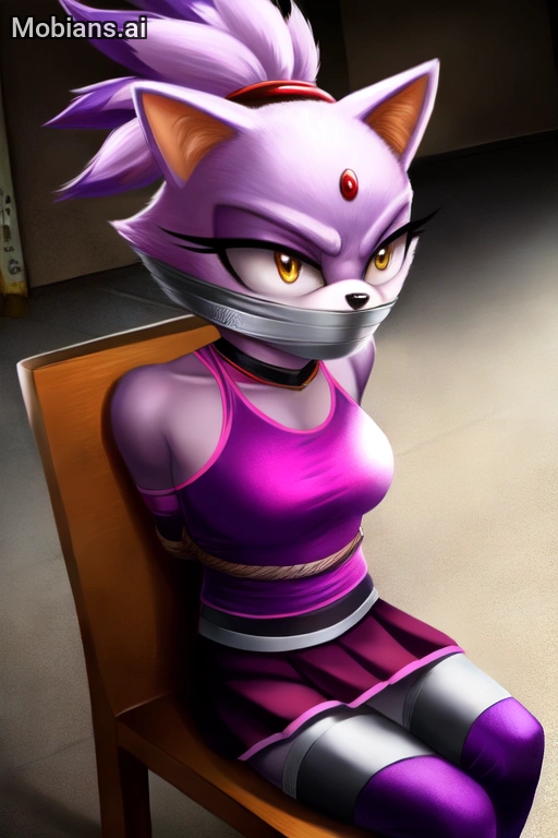 Blaze the cat chairtied in gymnastic outfit