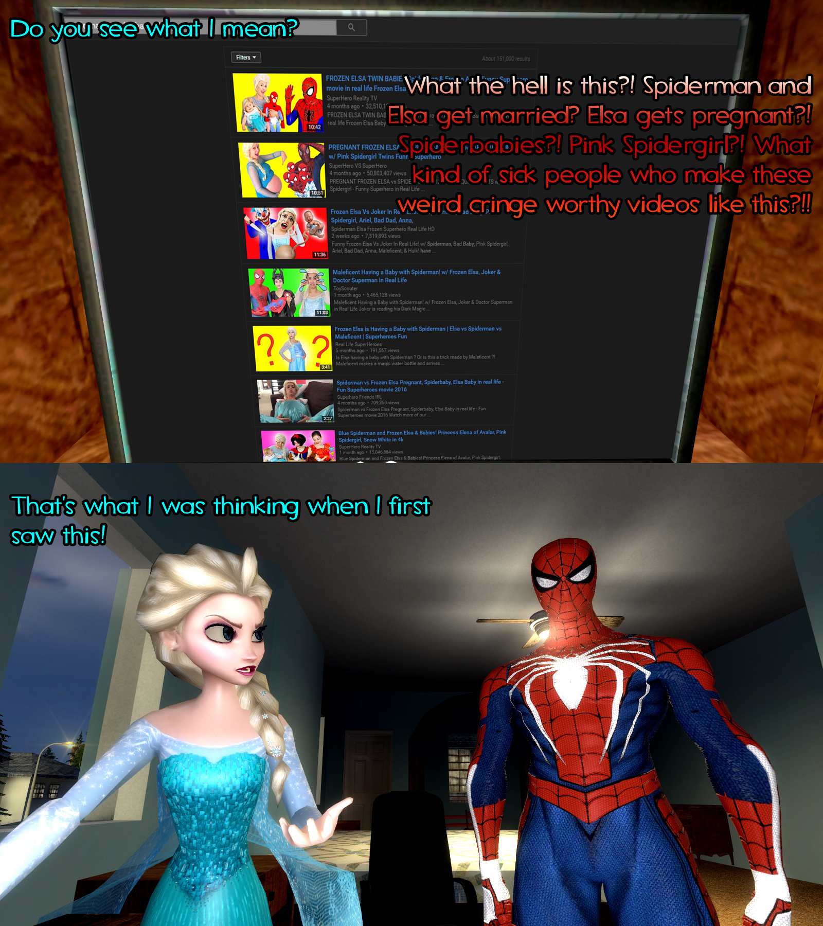 Spiderman and Elsa's Reaction to Weird Videos by ErichGrooms3 on DeviantArt
