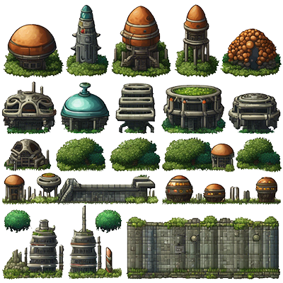 Alien Building Drawing 2D Alien Buildings and Tropics Video Game Assets by PixelGameResources ...