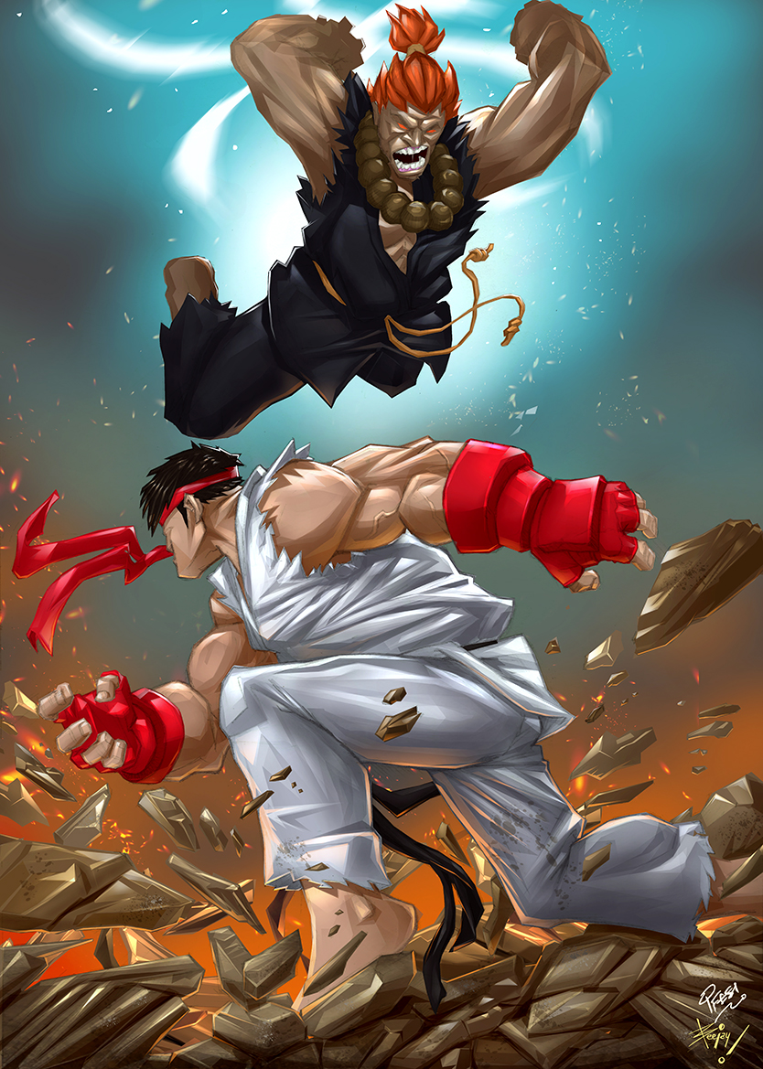 ryu, akuma, and evil ryu (street fighter) drawn by boyaking