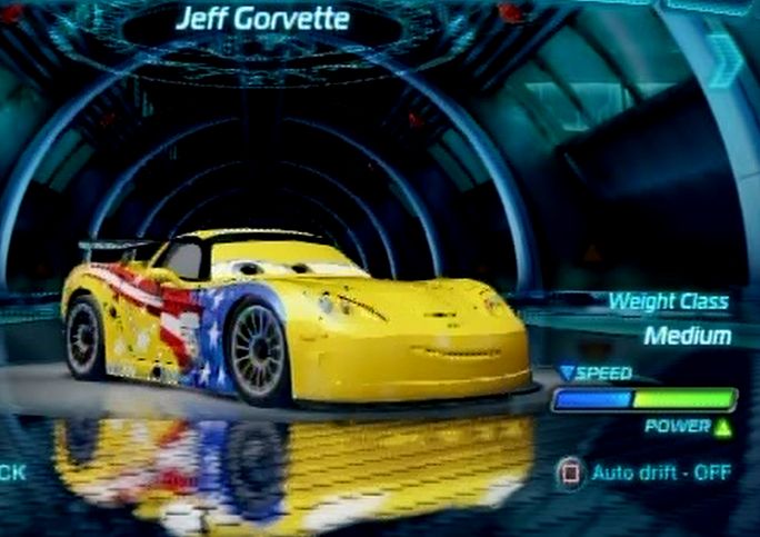 Jeff Gorvette in the cars 2 videogame