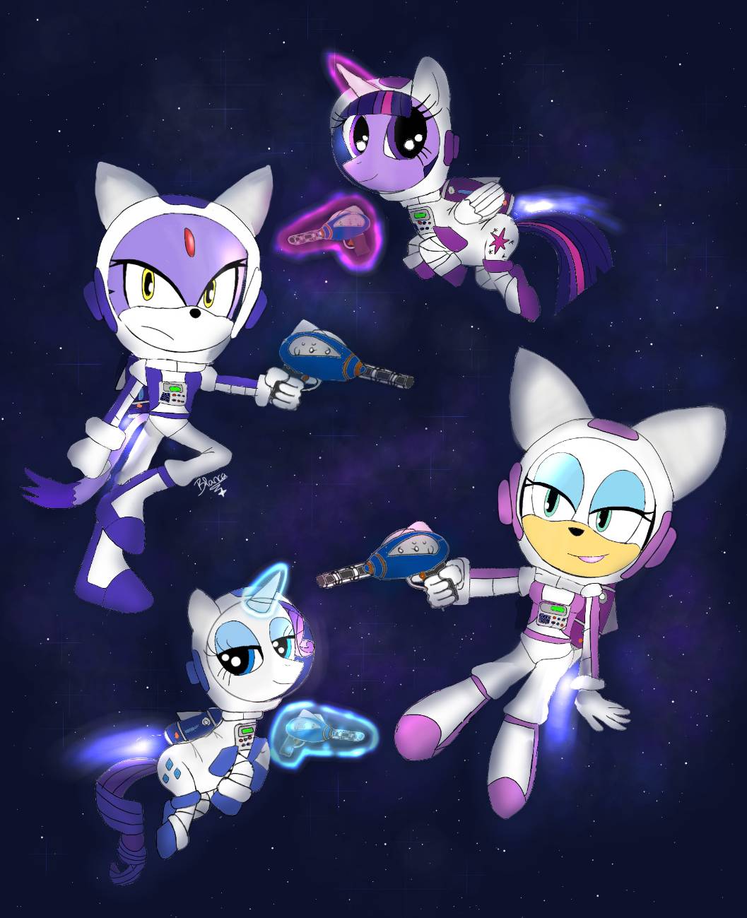 Blaze, Rouge, Rarity and Twilight in space. by blancaartx24 on DeviantArt