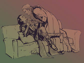 Thor and Loki on a couch