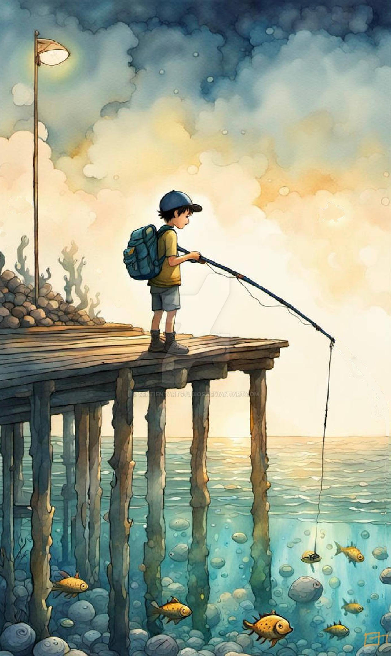 Boy Fishing at the Secret Pond by SentientArtStudios on DeviantArt