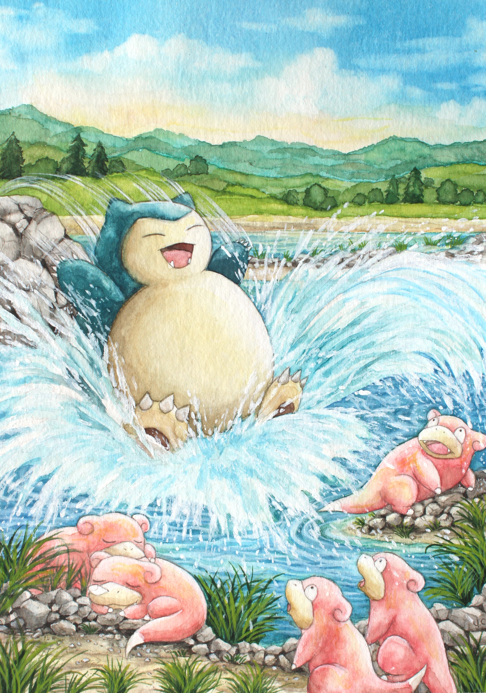 Funny Snorlax & Slowpoke watercolor painting