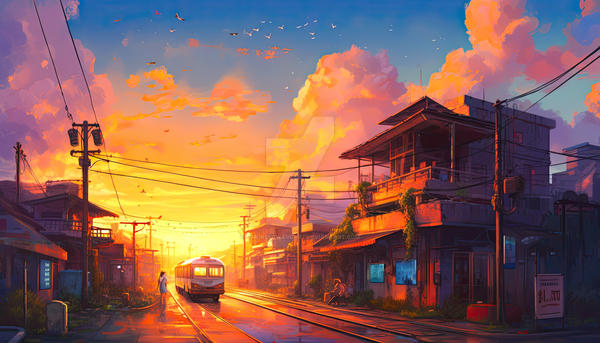 A digital painting of Aesthetic City Street Sunset