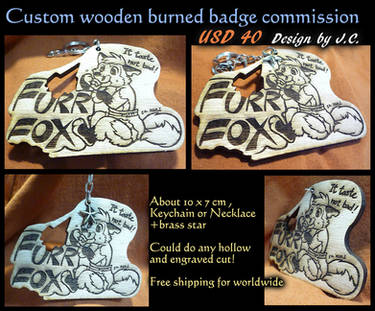 Wood burned badge commission--Furrfox