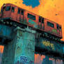 Urban Train Above an Old Bridge