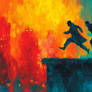 Intense rooftop chase scene at night two shadowy