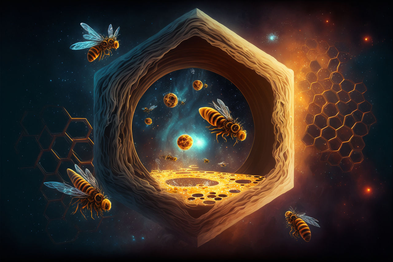 Bees making honey in a Cosmic Beehive by aiartbysurya on DeviantArt