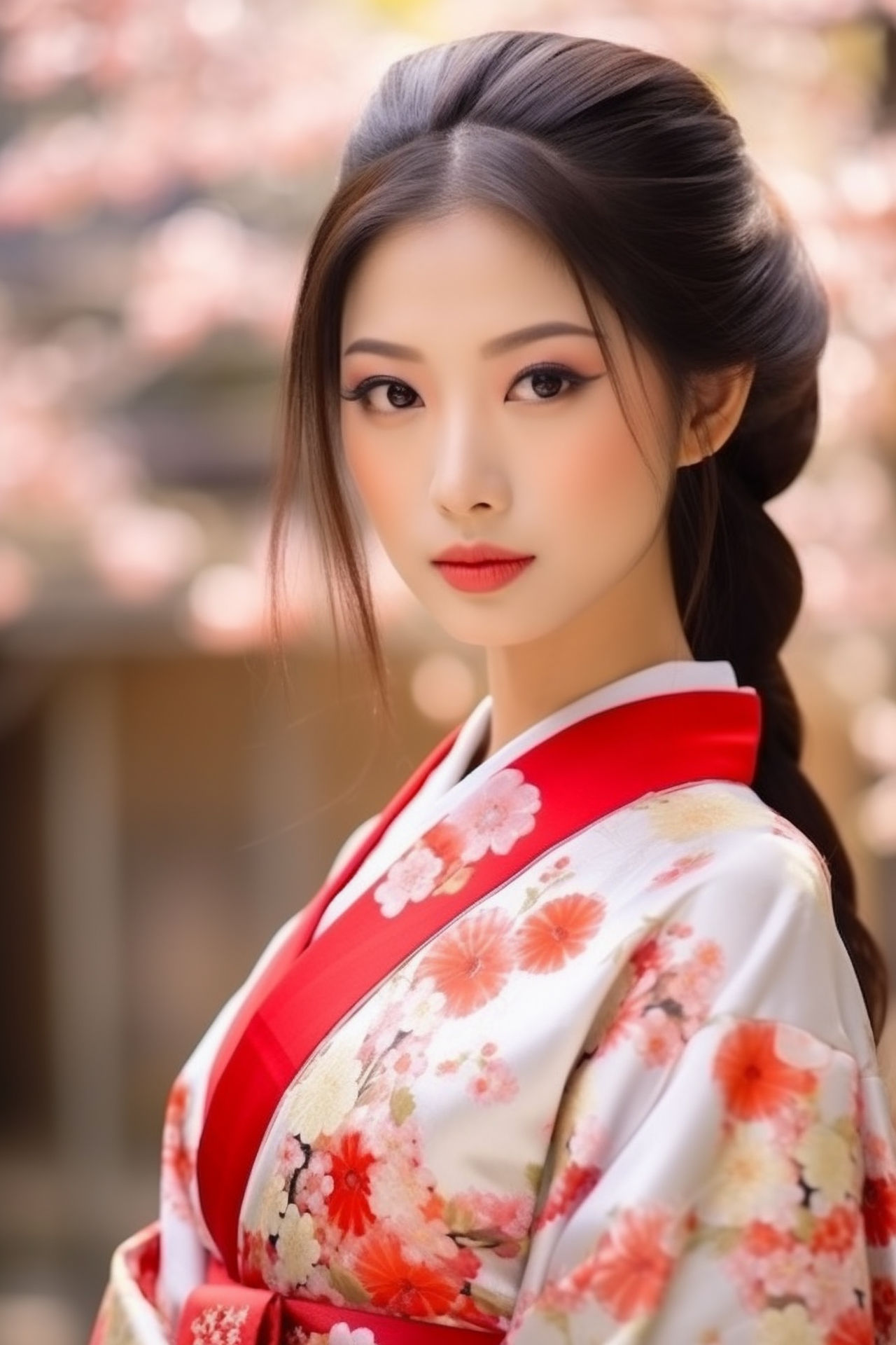 Japanese Girl in Kimono Under Sakura Tree by AI-MadeMasterpieces