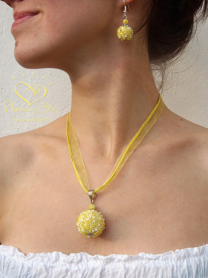 Yellow Crochet bead Jewelry SET= Pendant +Earrings