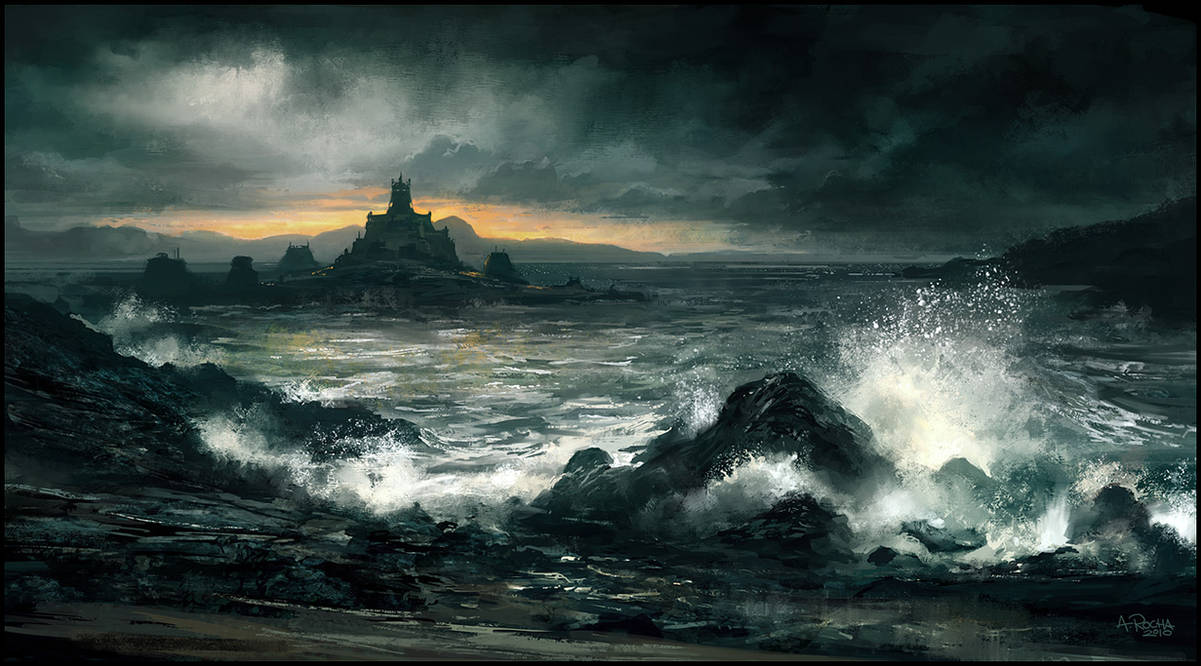 Темный шторм. Энди Симмонс пейзаж море шторм. Фэнтези пейзажи. Бушующее море. Море фэнтези.