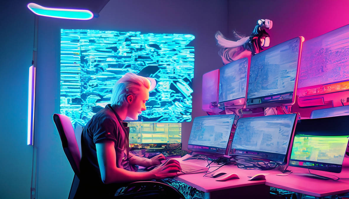 Firefly a blonde male is using multiple computers by GregsAI on DeviantArt