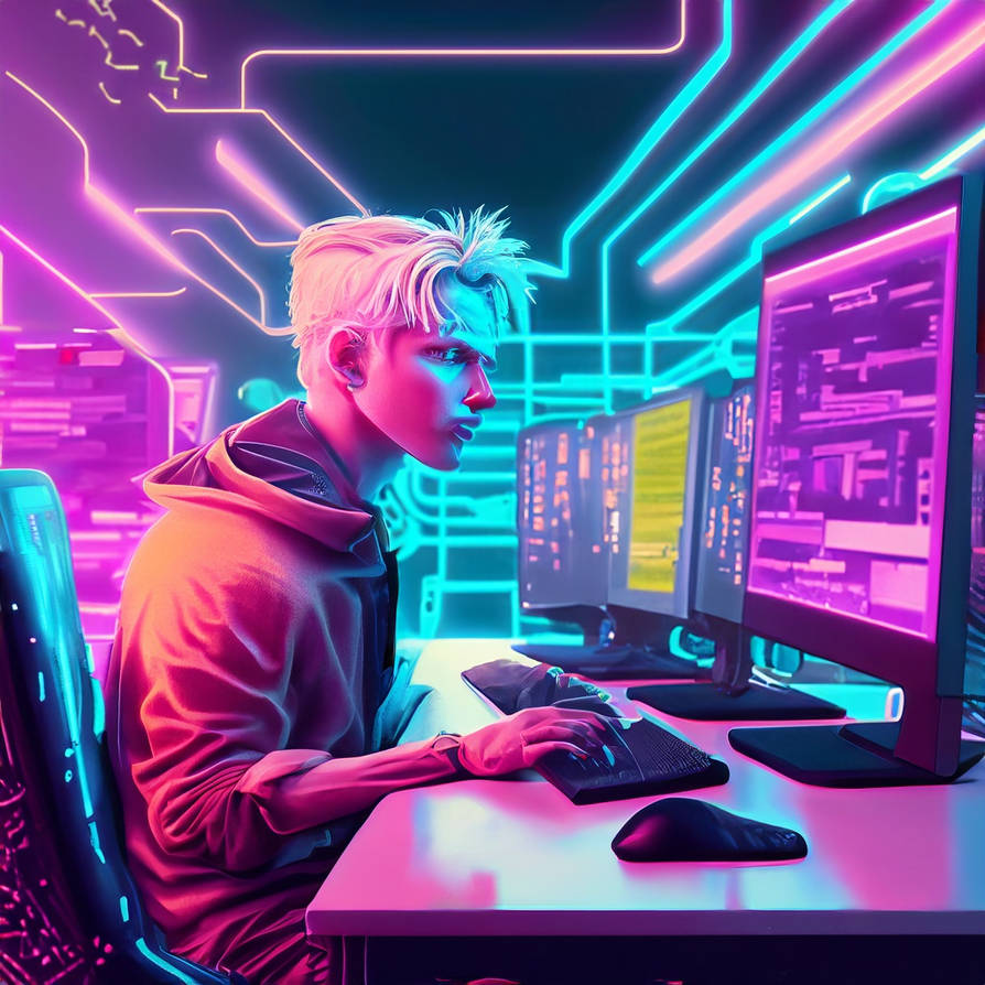 Firefly a blonde male is using multiple computers by GregsAI on DeviantArt
