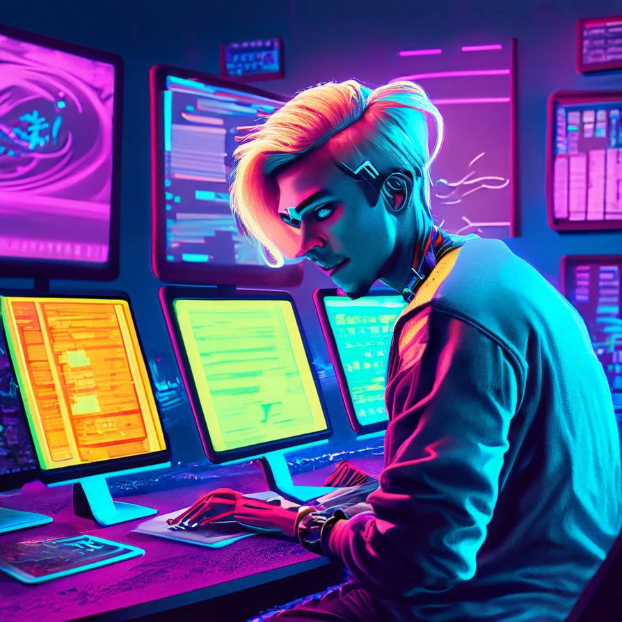 Firefly a blonde male is using multiple computers by GregsAI on DeviantArt