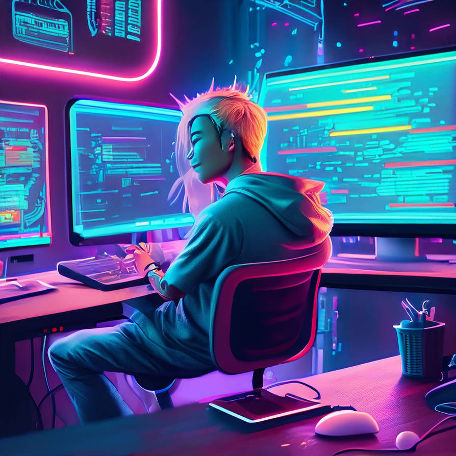 Firefly a blonde male is using multiple computers by GregsAI on DeviantArt