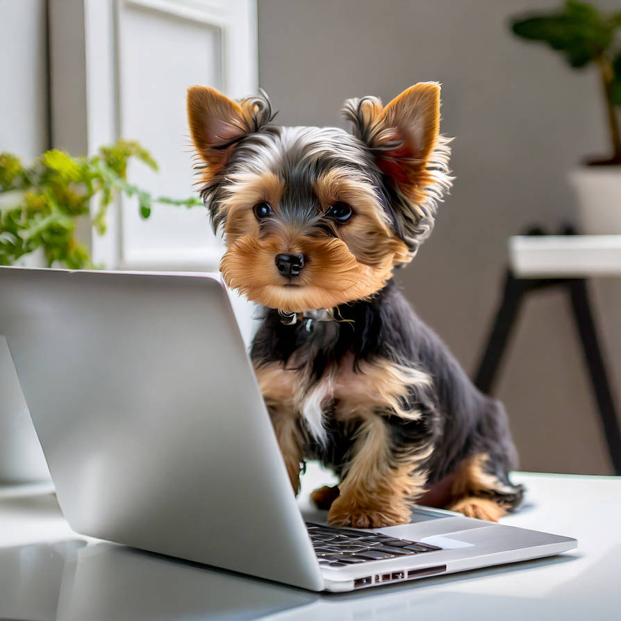 Yorkie At Computer Firefly a cute yorkie puppy using the laptop and l by GregsAI on DeviantArt