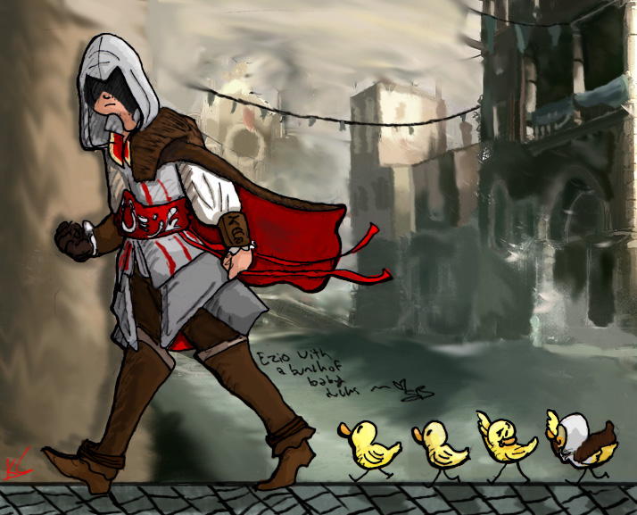 Ezio with bunch of baby ducks