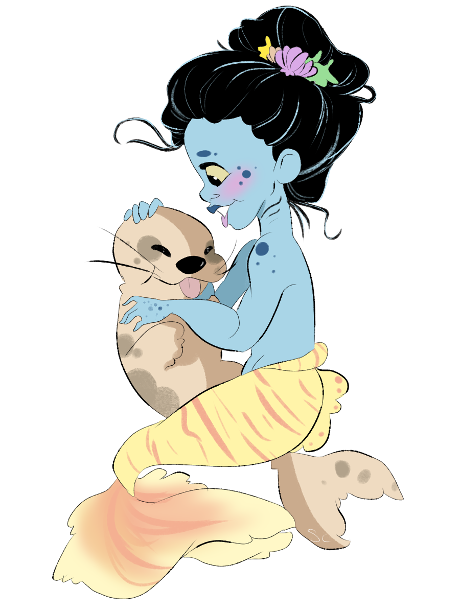 A young mermaid and a baby seal