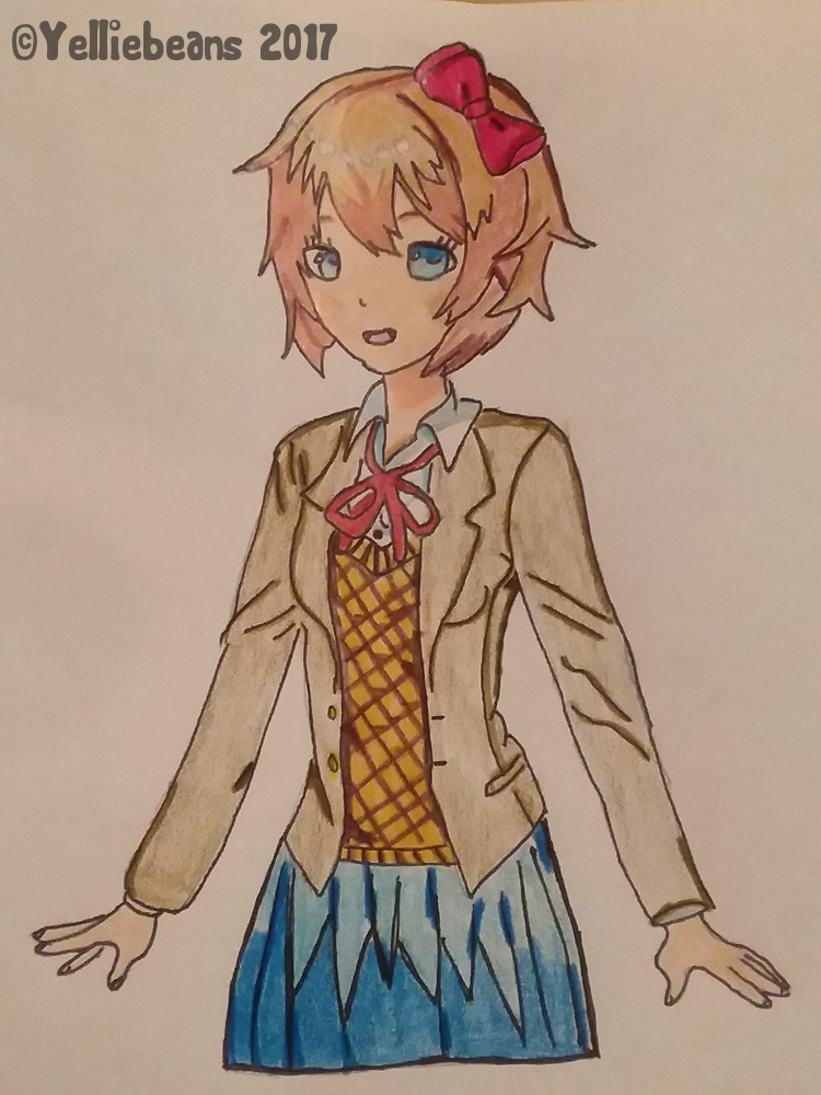 sayori (doki doki literature club) drawn by peachcak3